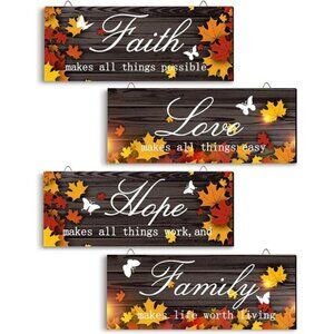 4 Pieces Fall Door Decoration Maple Door Plaque Faith Hope Family Wood Sign